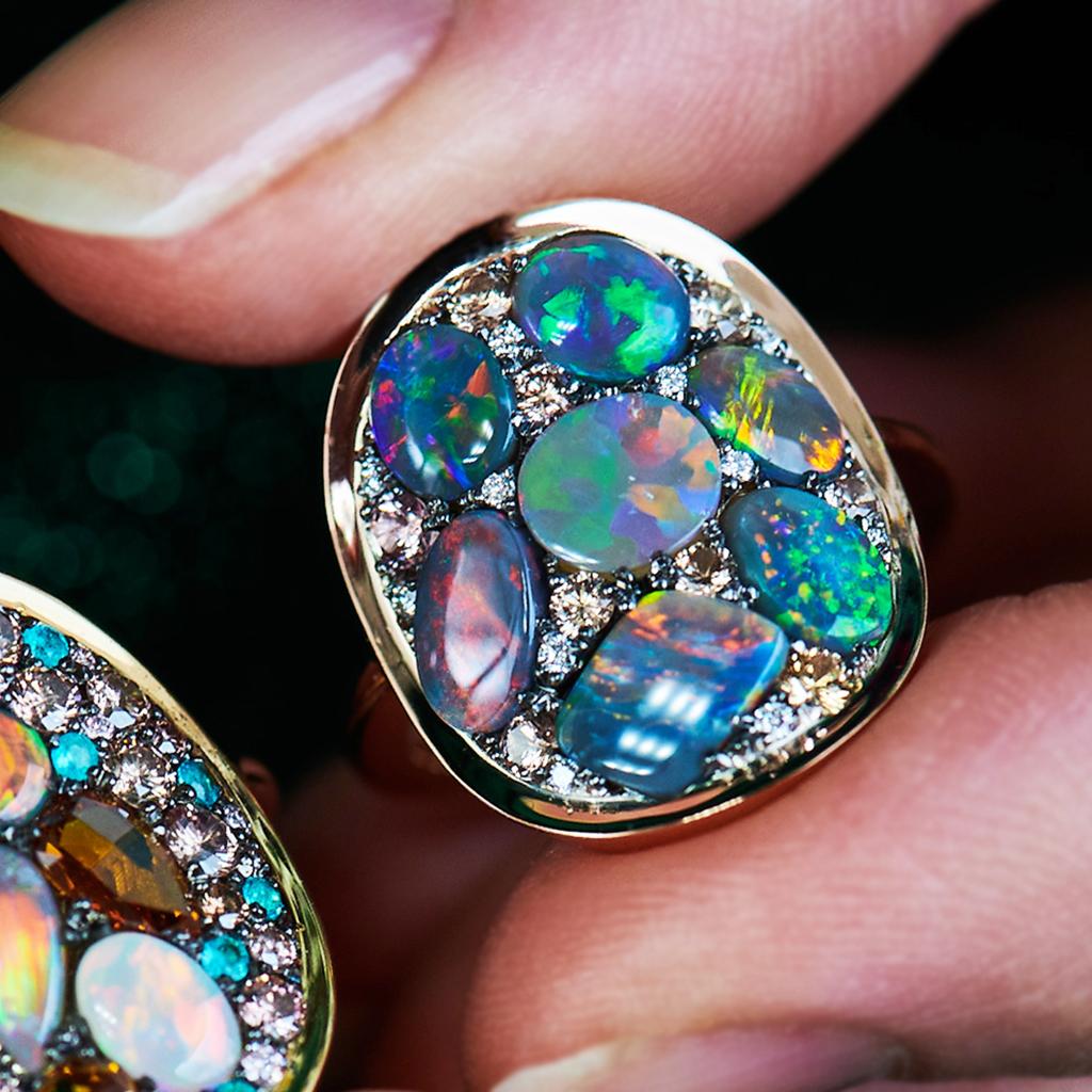 Cabochon Black Opal Padparadscha Sapphire Diamond Mosaic Ring