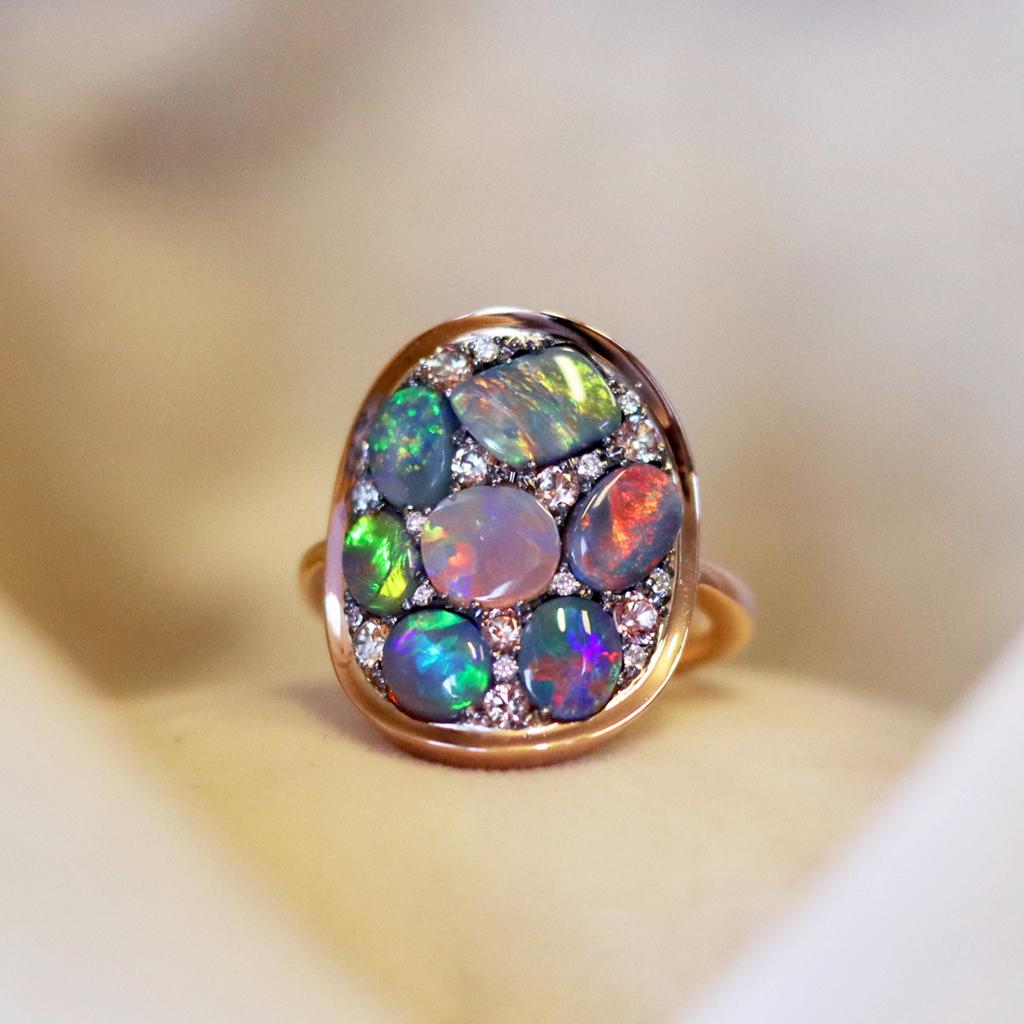 Women's Black Opal Padparadscha Sapphire Diamond Mosaic Ring