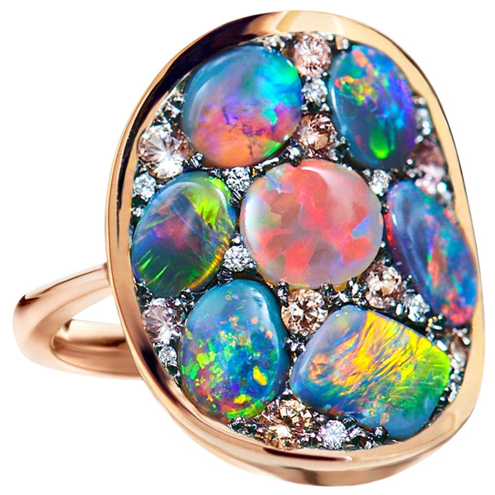 Black Opal Padparadscha Sapphire Diamond Mosaic Ring