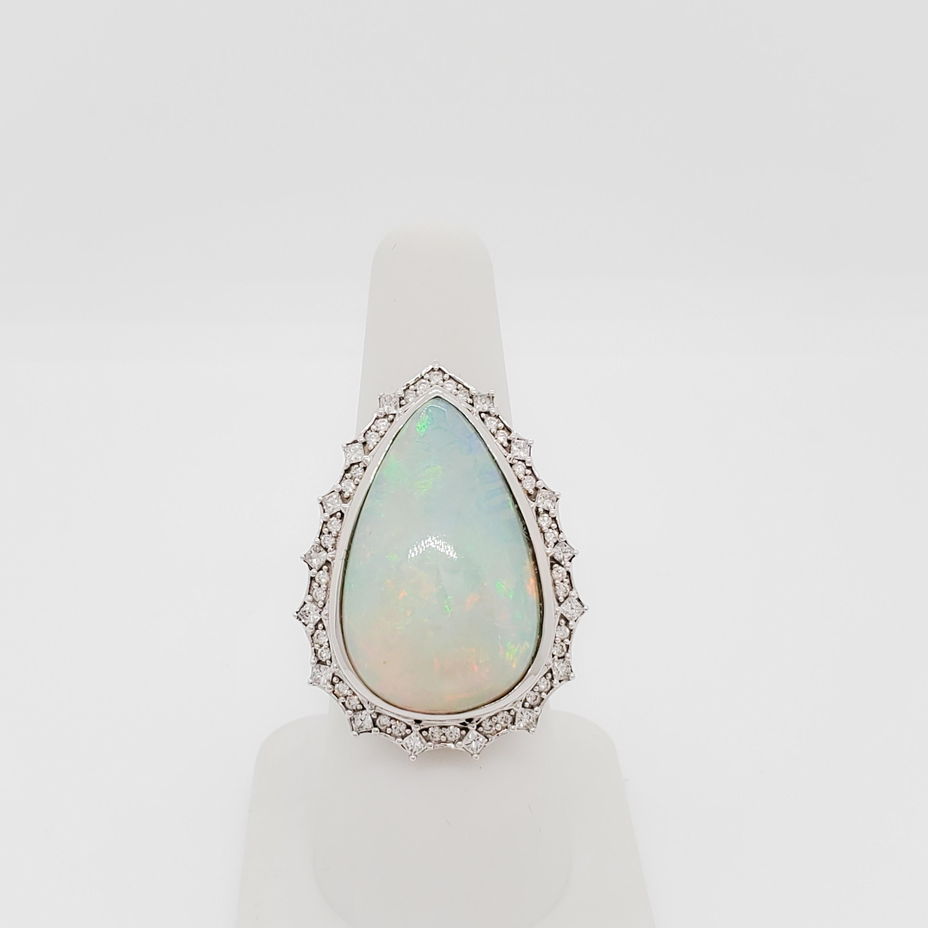 Women's or Men's Black Opal Pear Shape and White Diamond Cocktail Ring in 18k White Gold