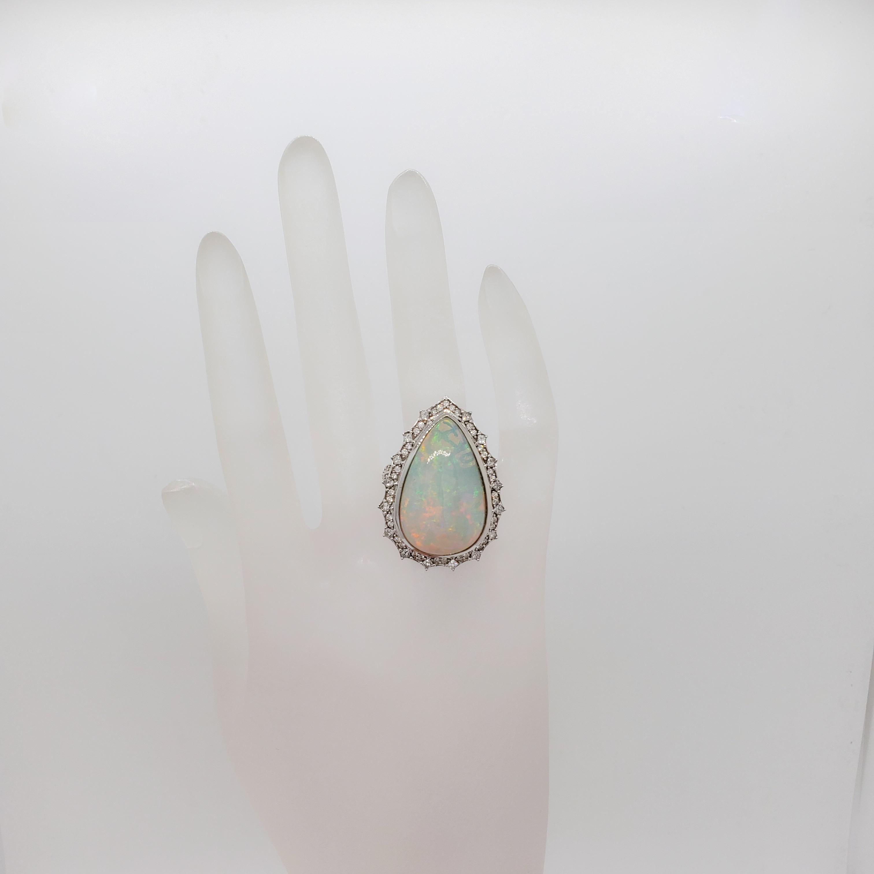 Black Opal Pear Shape and White Diamond Cocktail Ring in 18k White Gold 2