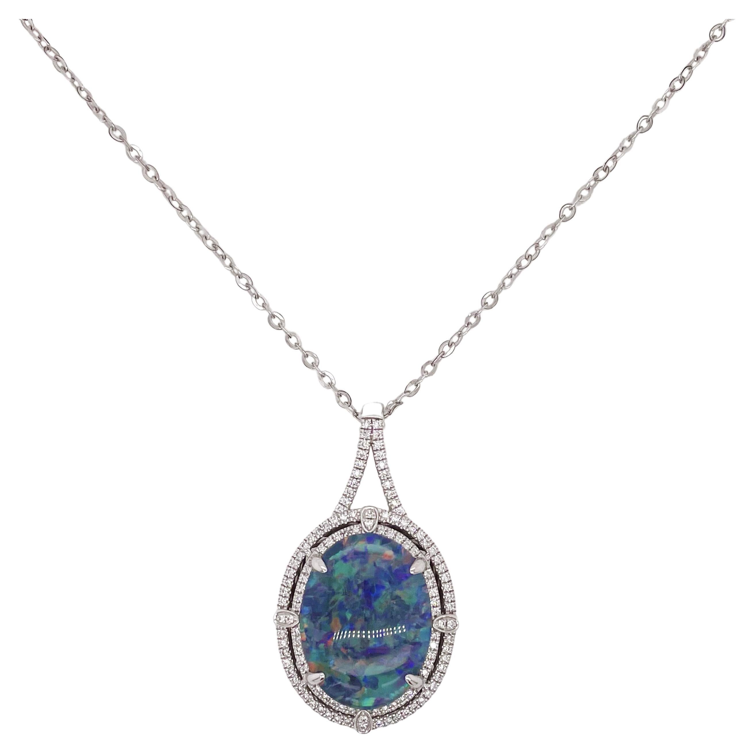 Black Opal Pendant Necklace w Diamonds in 14K White Gold Australian Opal 9 Carat For Sale