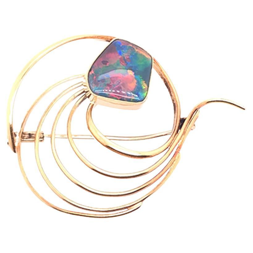 Black Opal Pin Brooch 18K Yellow Gold Hand Made For Sale