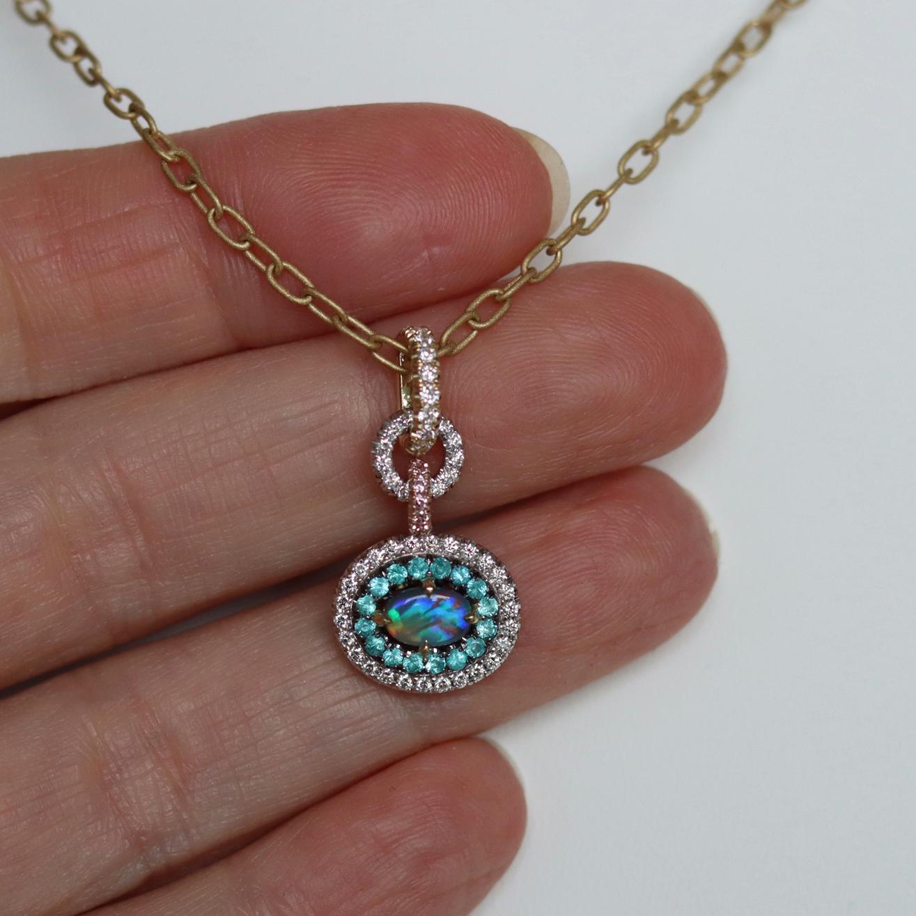 Black Opal, Pink and White Diamond, Paraiba Tourmaline Pendant 11