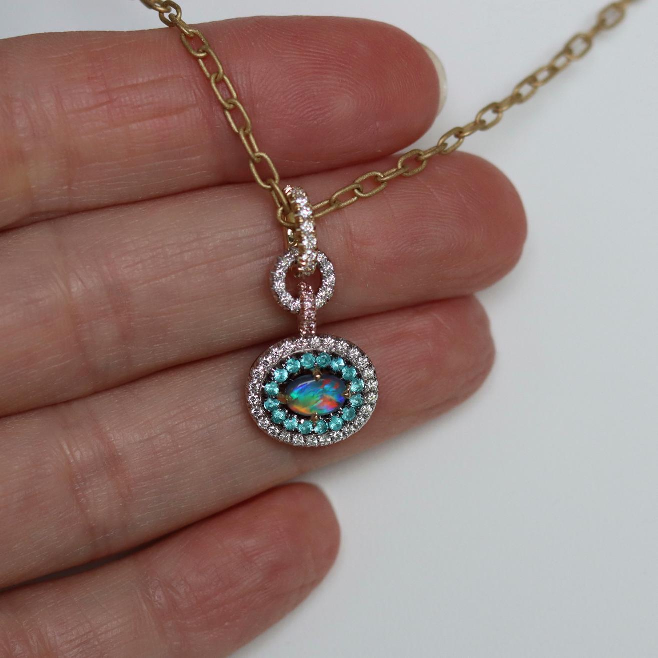 Black Opal, Pink and White Diamond, Paraiba Tourmaline Pendant 12