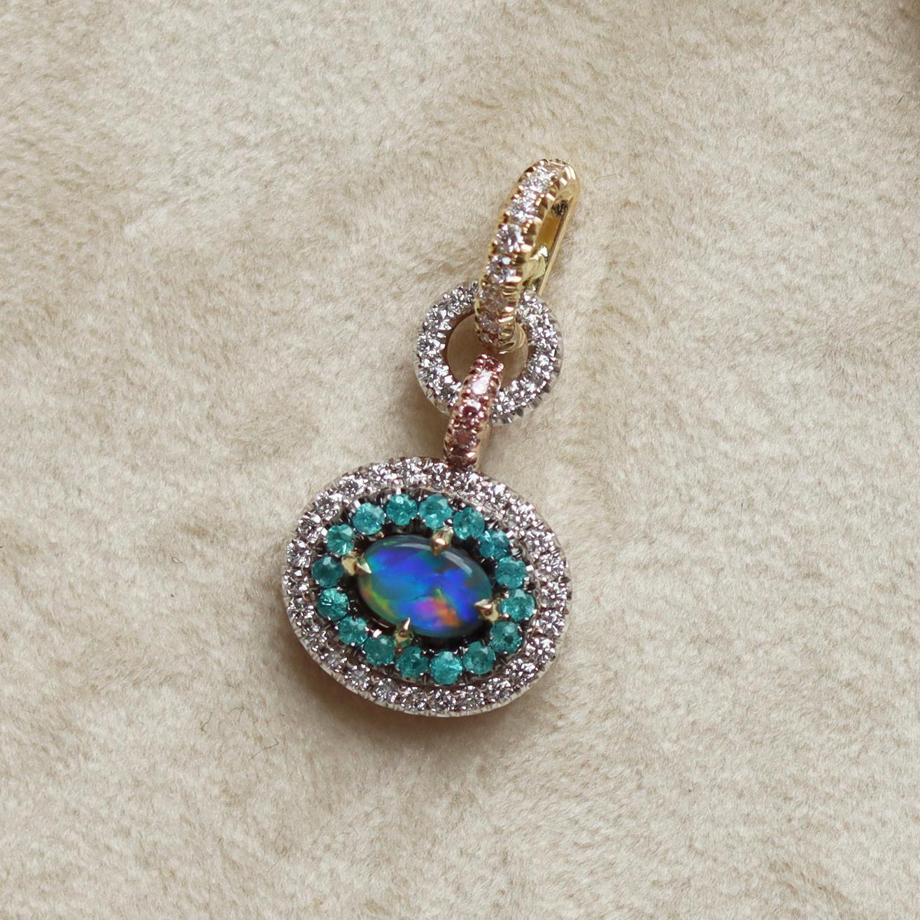 Contemporary Black Opal, Pink and White Diamond, Paraiba Tourmaline Pendant