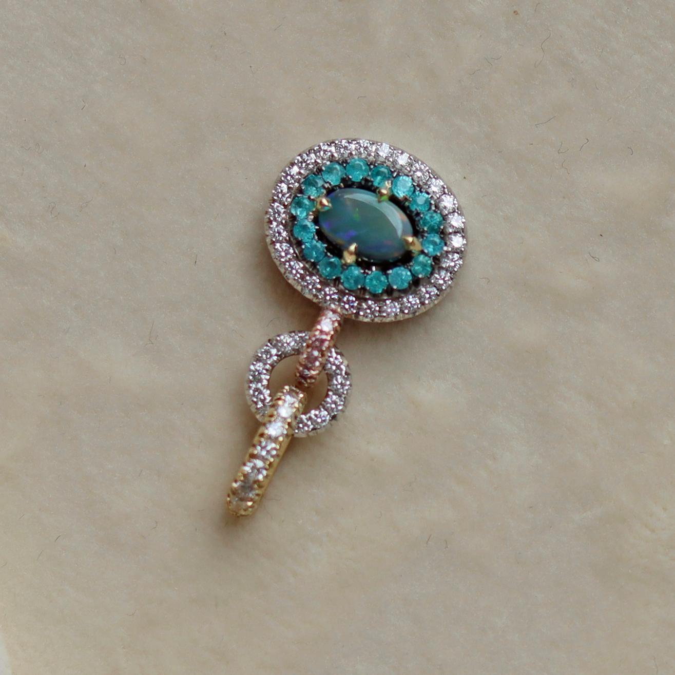 Black Opal, Pink and White Diamond, Paraiba Tourmaline Pendant In New Condition In Antwerp, BE