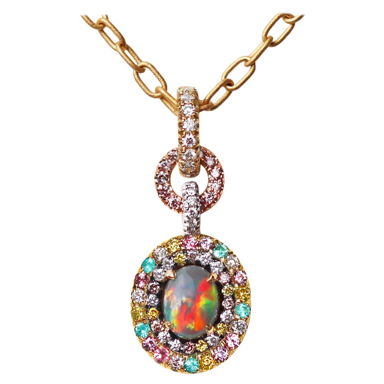 Black Opal, Pink Yellow White Diamond, Paraiba Tourmaline Spinel Halo Pendant