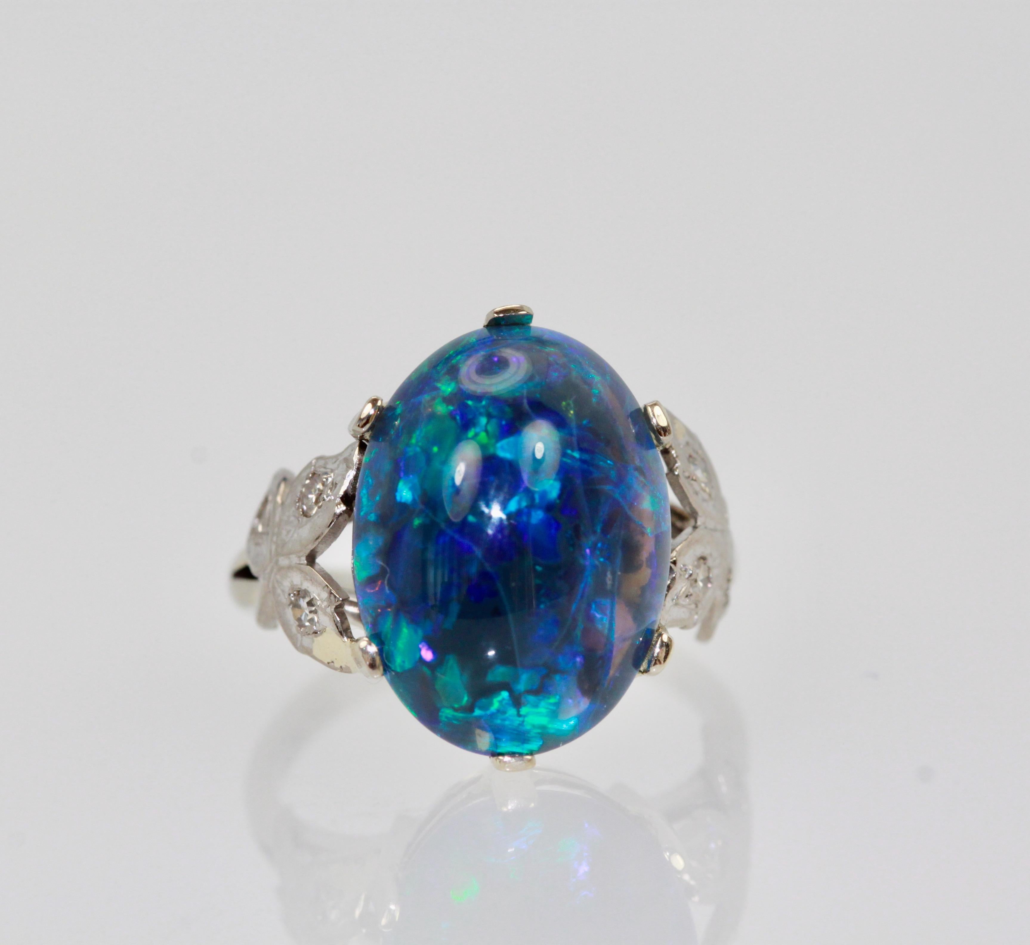 Black Opal Platinum Ring In Good Condition In North Hollywood, CA