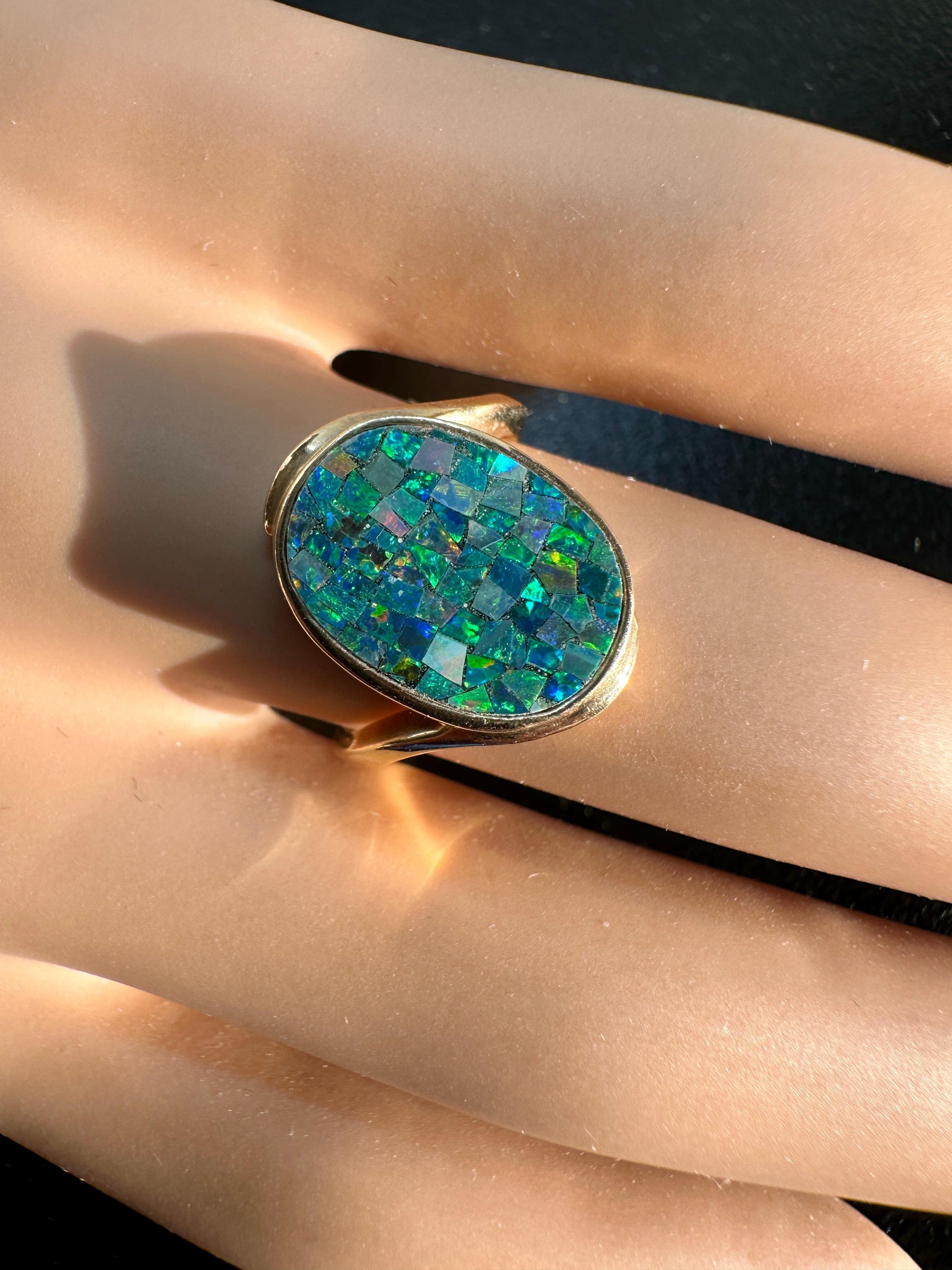 Contemporary Black Opal Ring 14 Karat Gold Antique Retro Cocktail Statement Ring For Sale