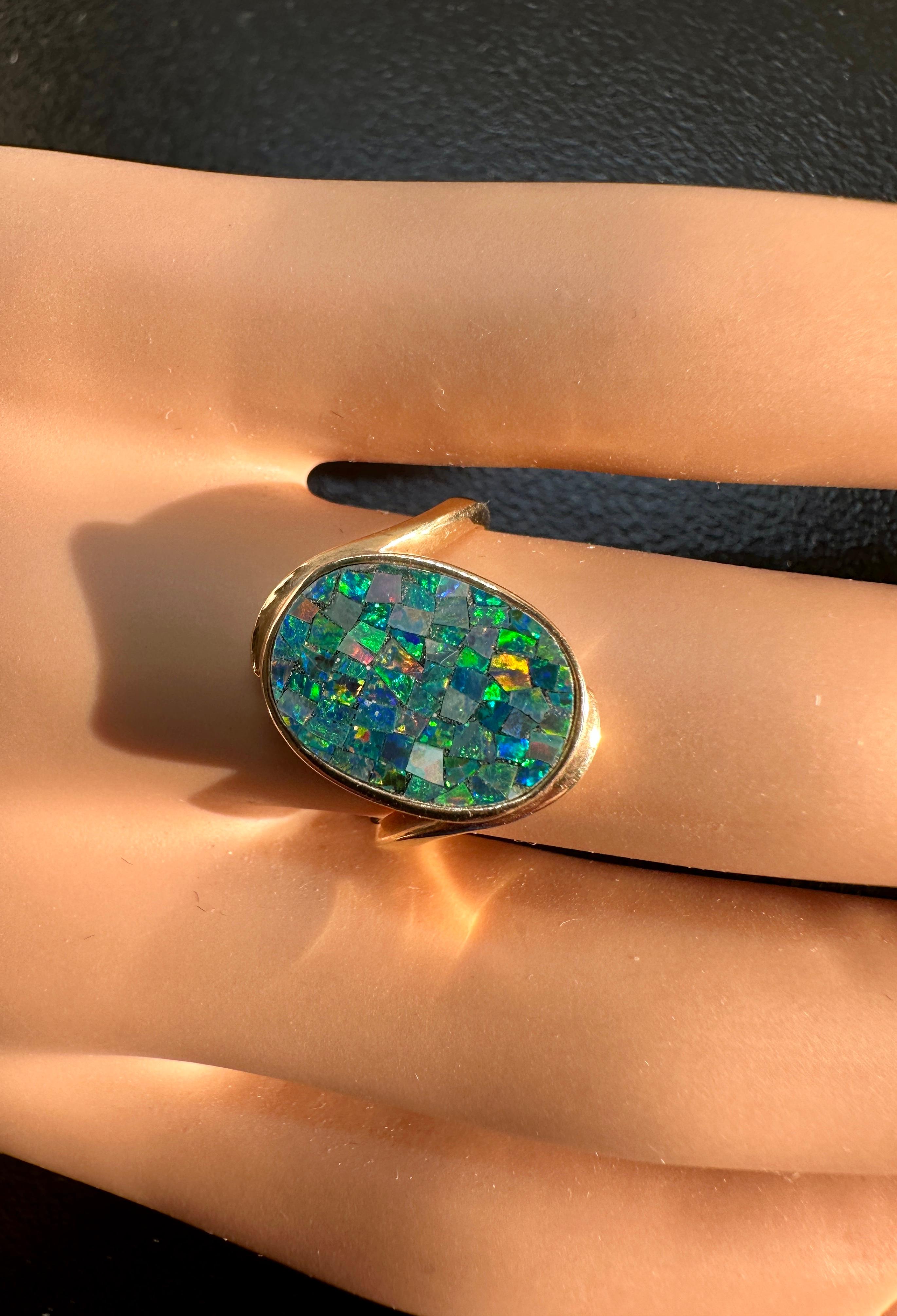 Cabochon Black Opal Ring 14 Karat Gold Antique Retro Cocktail Statement Ring For Sale