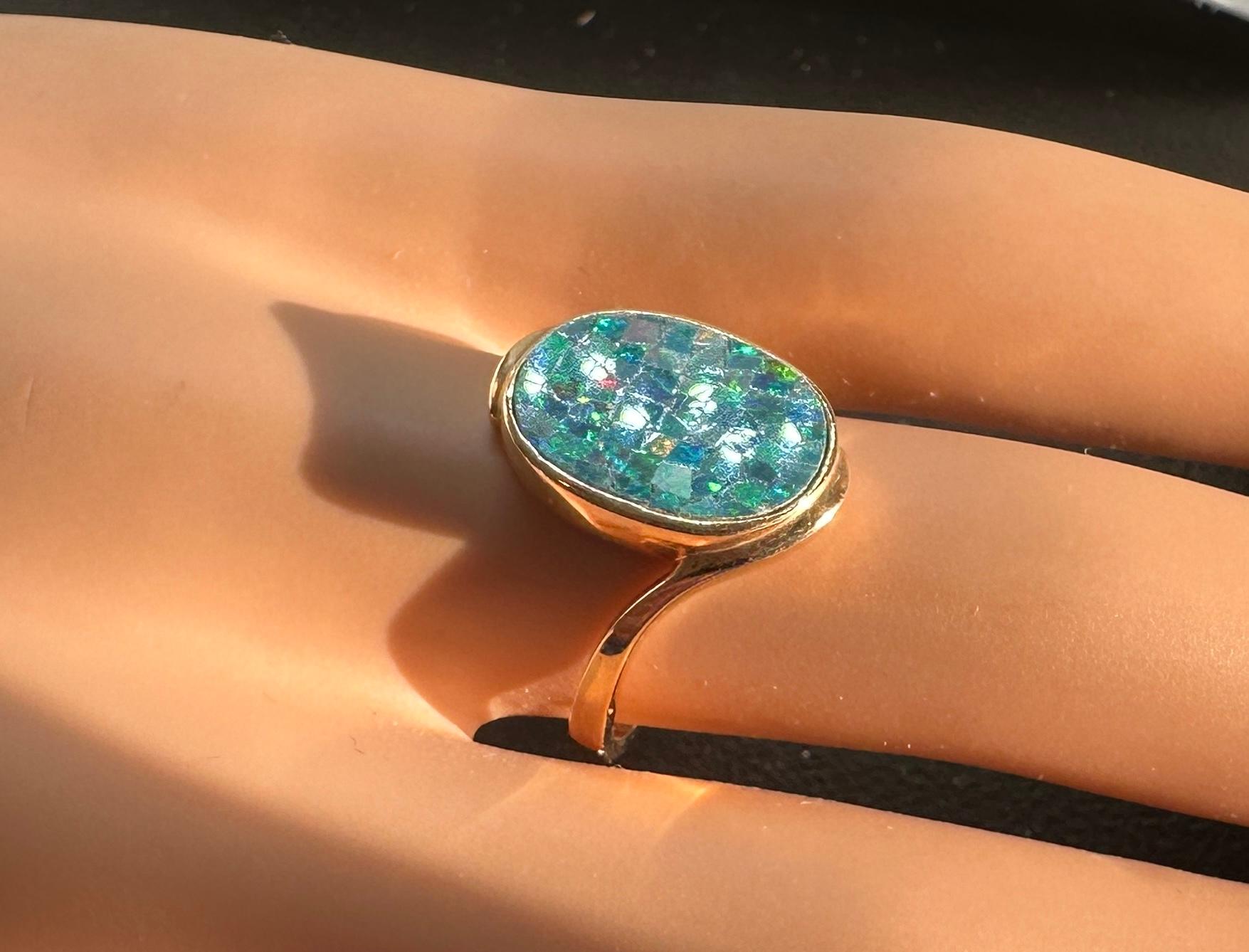 Women's or Men's Black Opal Ring 14 Karat Gold Antique Retro Cocktail Statement Ring For Sale