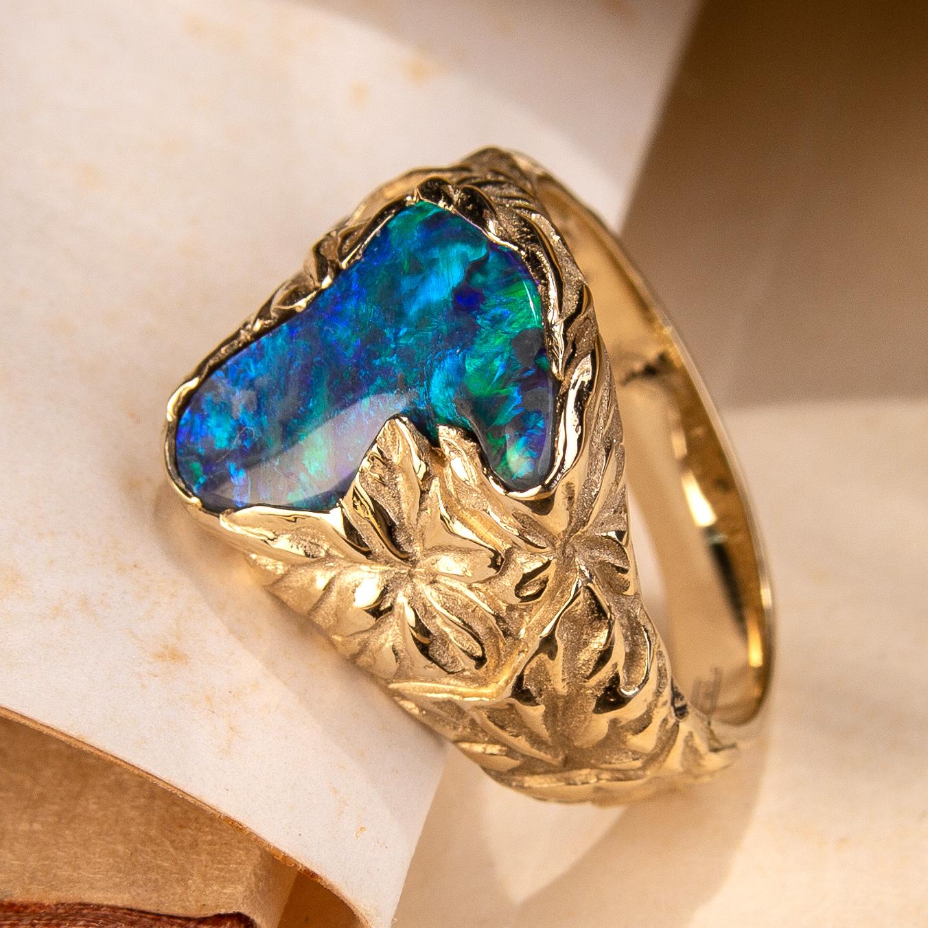 Black Opal Ring Gold Nature inspired Jewelry Australian Opal Ivy For Sale 8