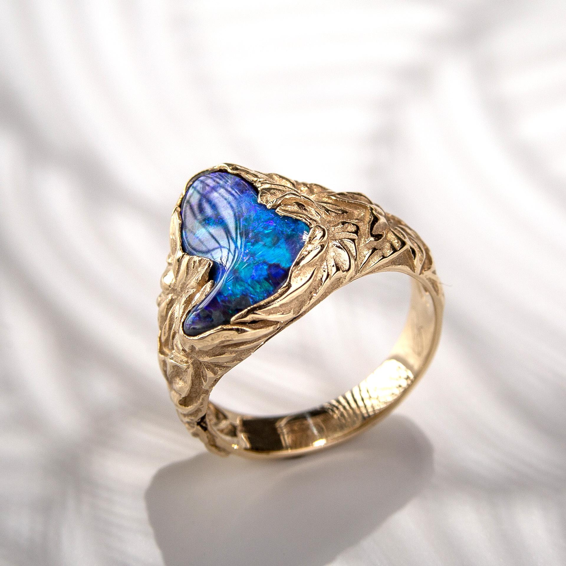 Black Opal Ring Gold Nature inspired Jewelry Australian Opal Ivy For Sale 1