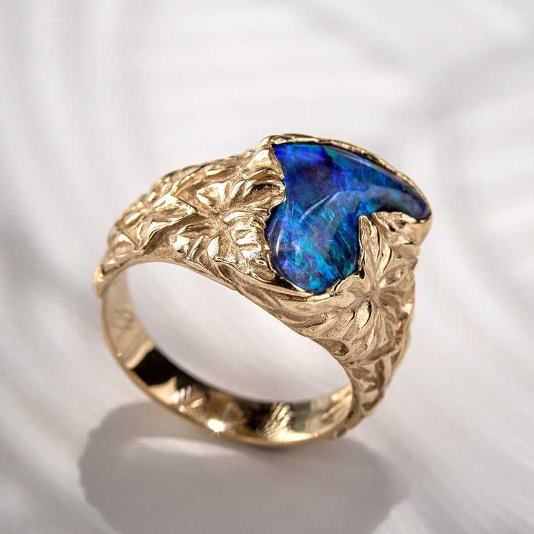 Black Opal Ring Gold Nature inspired Jewelry Australian Opal Ivy For Sale 5