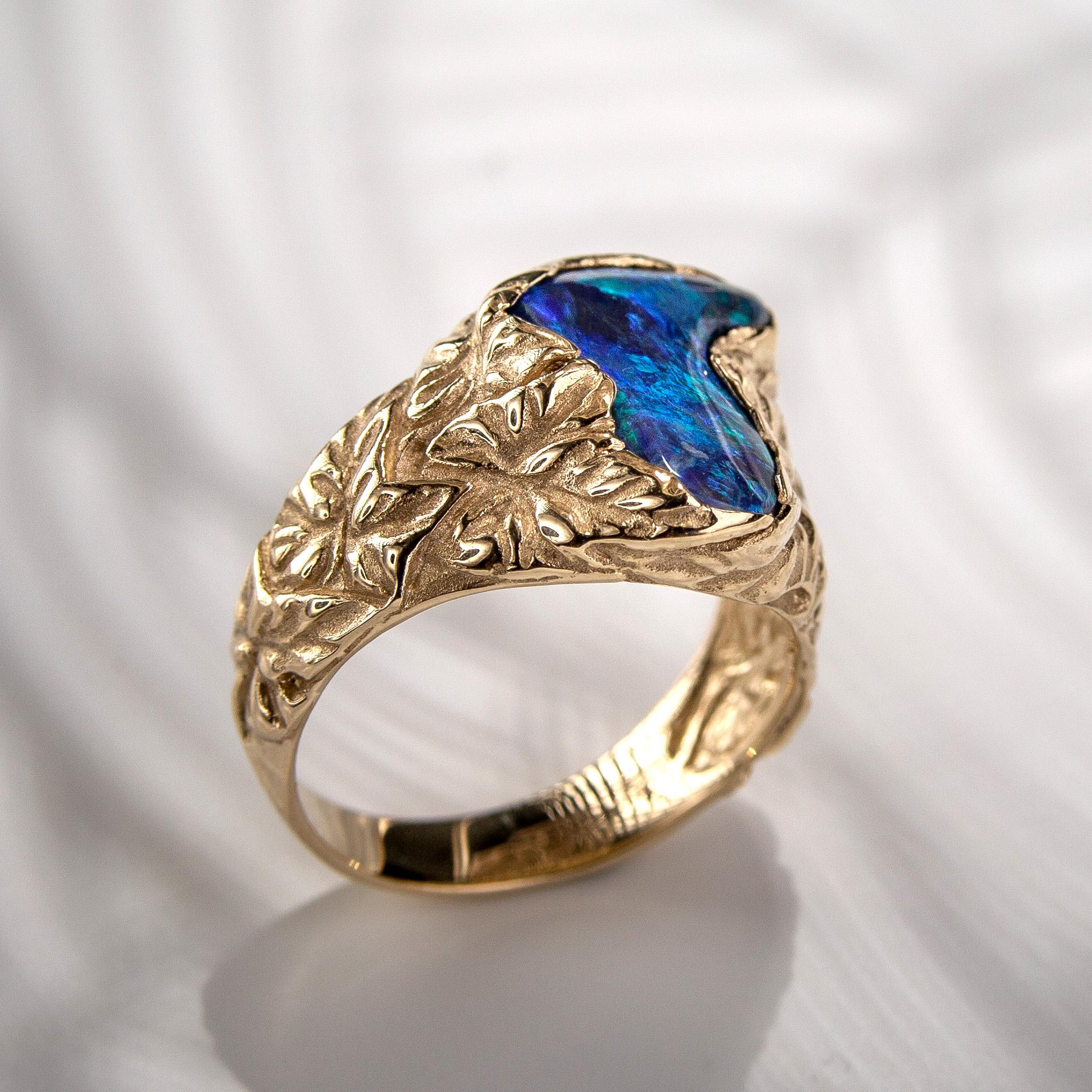Black Opal Ring Gold Nature inspired Jewelry Australian Opal Ivy For Sale 4