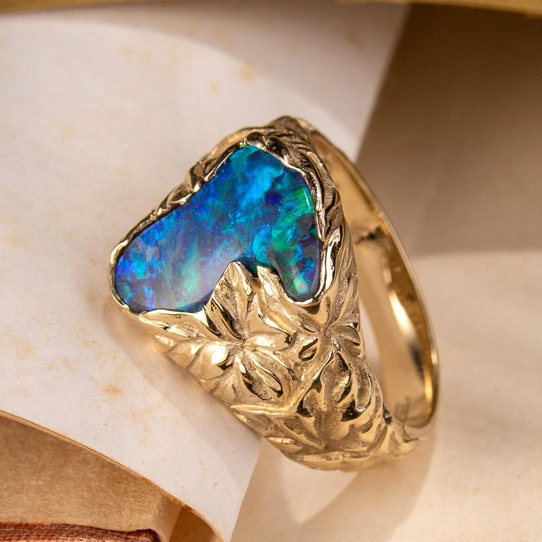 Cabochon Black Opal Ring Gold Nature inspired Jewelry Australian Opal Ivy For Sale
