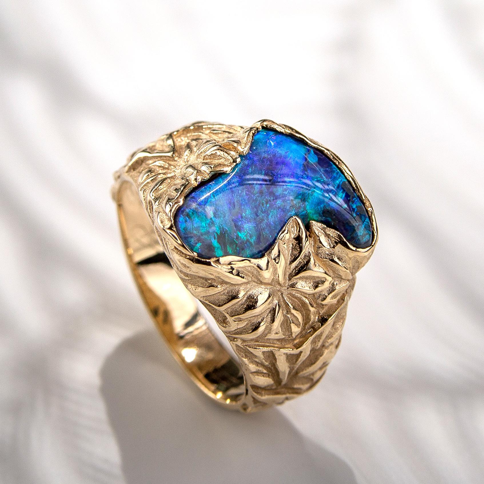 14K yellow gold ring with natural Black Opal 
opal origin - Australia 
opal measurements - 0.079 х 0.43 х 0.55  in / 2 х 11 х 14 mm
opal weight - 2.32 carats
ring size - 7 US
ring weight - 6.43 grams


We ship our jewelry worldwide – for our