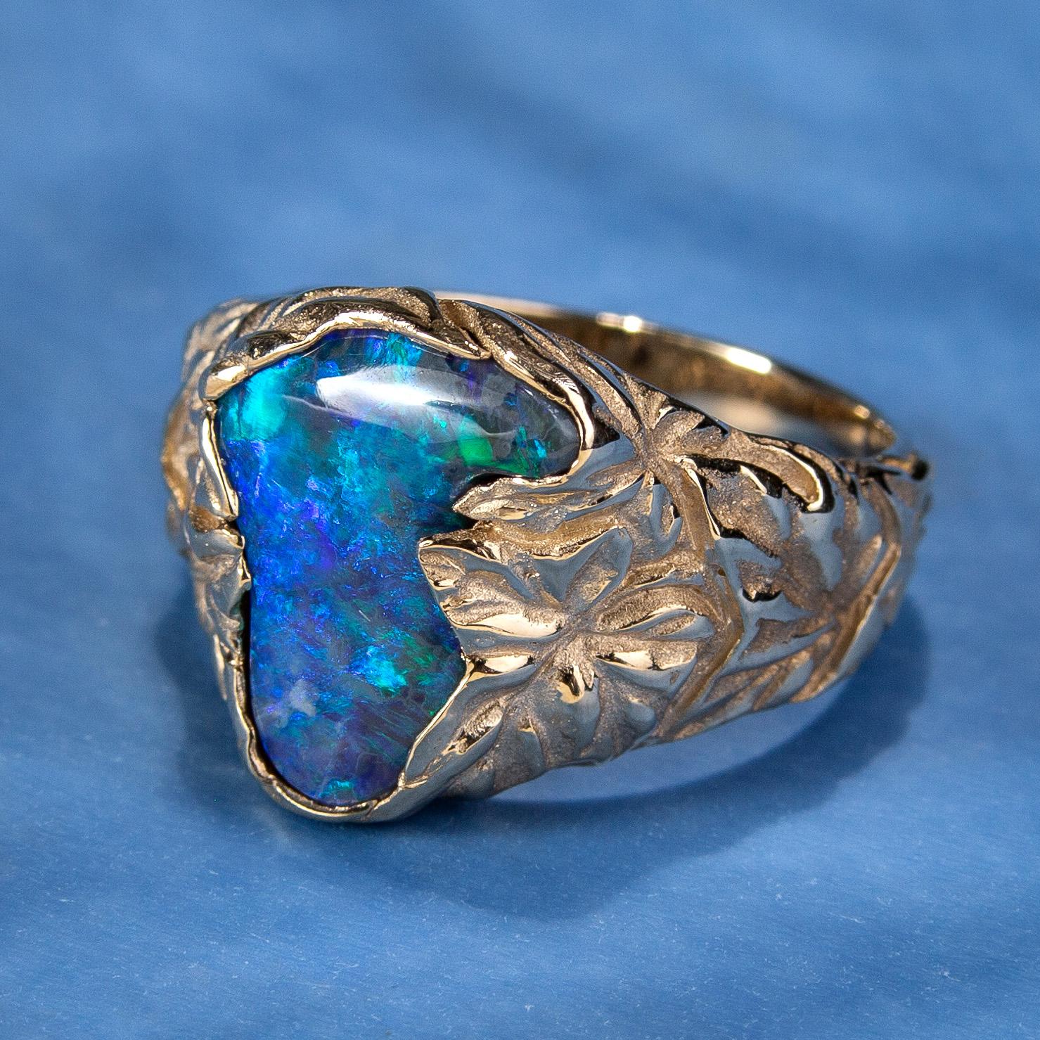 Art Nouveau Black Opal Ring Gold Nature inspired Jewelry Australian Opal Ivy For Sale