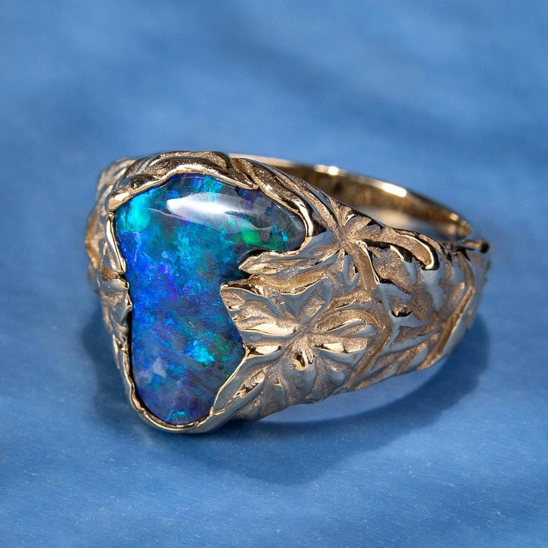 Women's or Men's Black Opal Ring Gold Nature inspired Jewelry Australian Opal Ivy For Sale