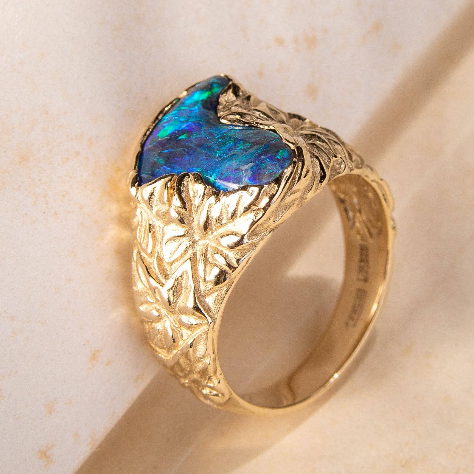 Black Opal Ring Gold Nature inspired Jewelry Australian Opal Ivy For Sale 7