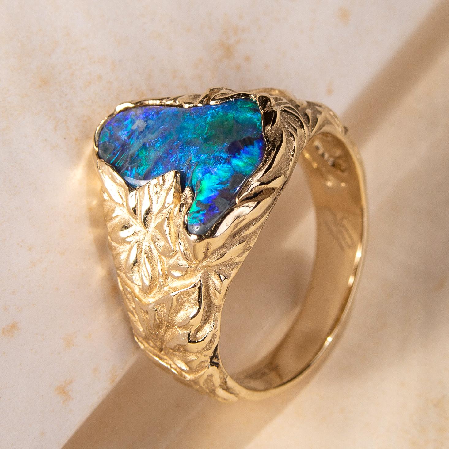 Black Opal Ring Gold Nature inspired Jewelry Australian Opal Ivy For Sale 6