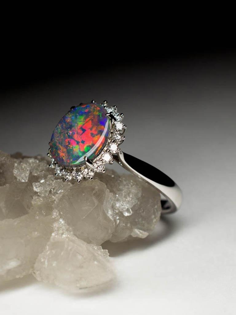 Black Opal Ring Diamonds Gold Fine Jewelry Rainbow Australian Gemstone 5