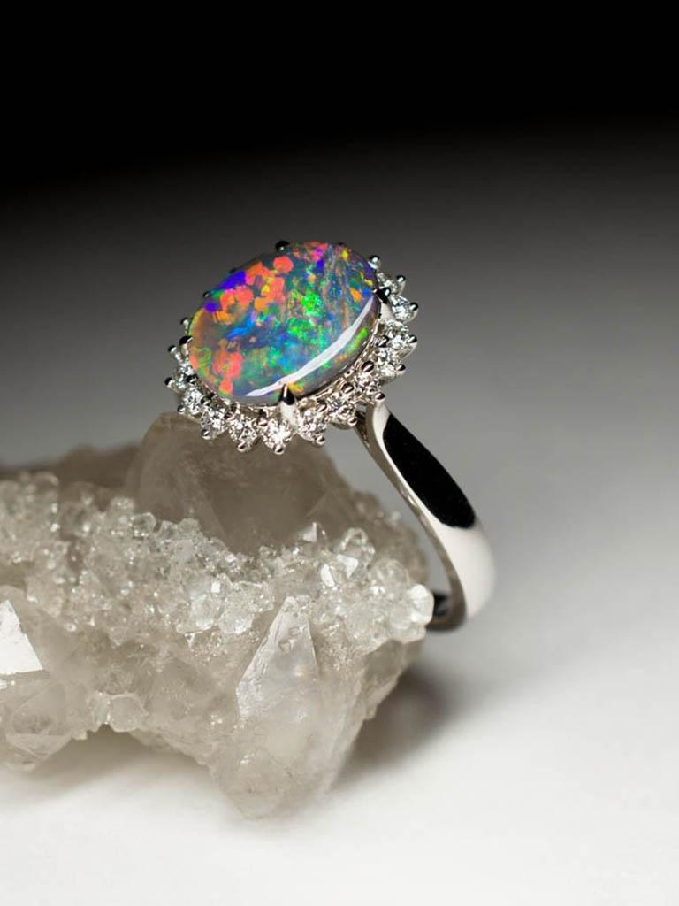 Black Opal Ring Diamonds Gold Fine Jewelry Rainbow Australian Gemstone 6