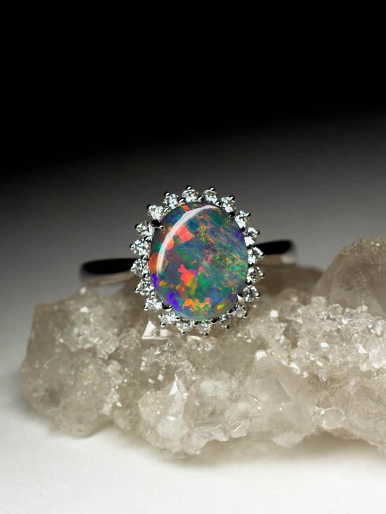 Round Cut Black Opal Ring Diamonds Gold Fine Jewelry Rainbow Australian Gemstone