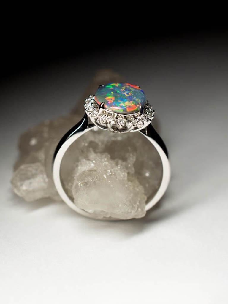Women's or Men's Black Opal Ring Diamonds Gold Fine Jewelry Rainbow Australian Gemstone