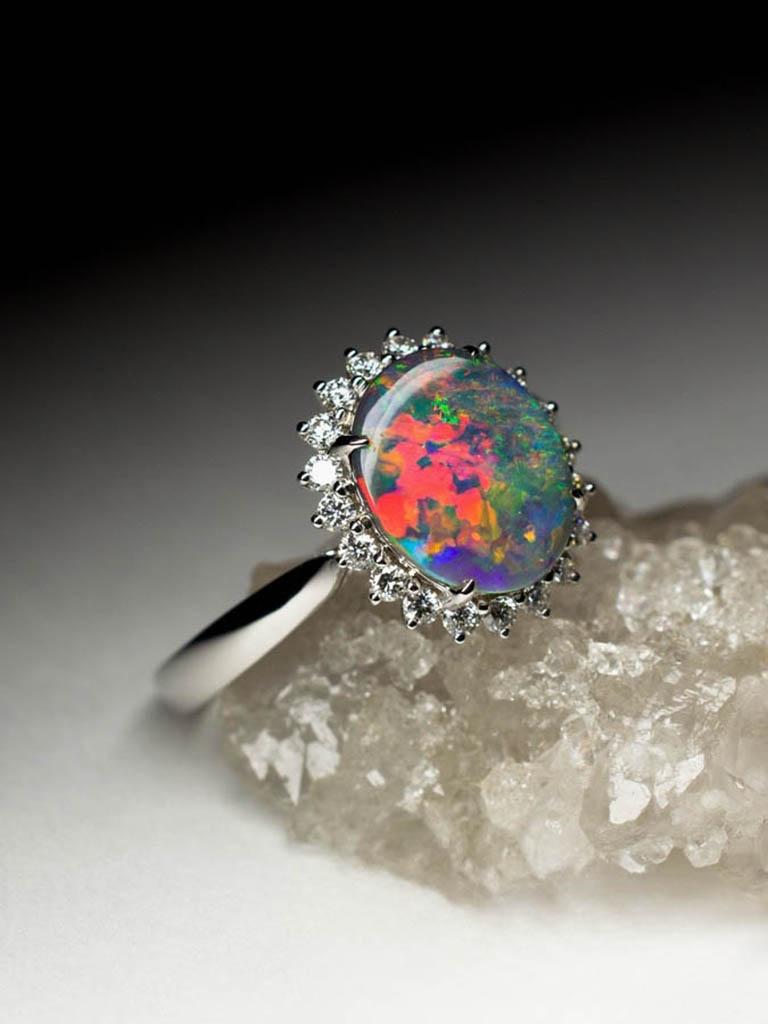 Black Opal Ring Diamonds Gold Fine Jewelry Rainbow Australian Gemstone 3