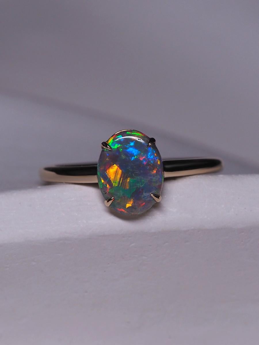 Black Opal Ring Gold Engagement Modern Australian Black Opal Art Deco Style 3
