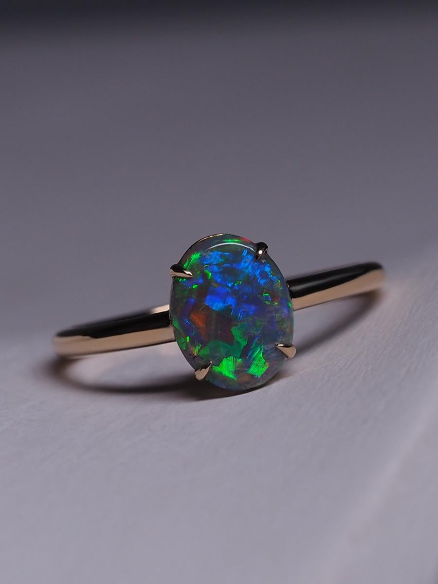 Black Opal Ring Gold Engagement Modern Australian Black Opal Art Deco Style 4