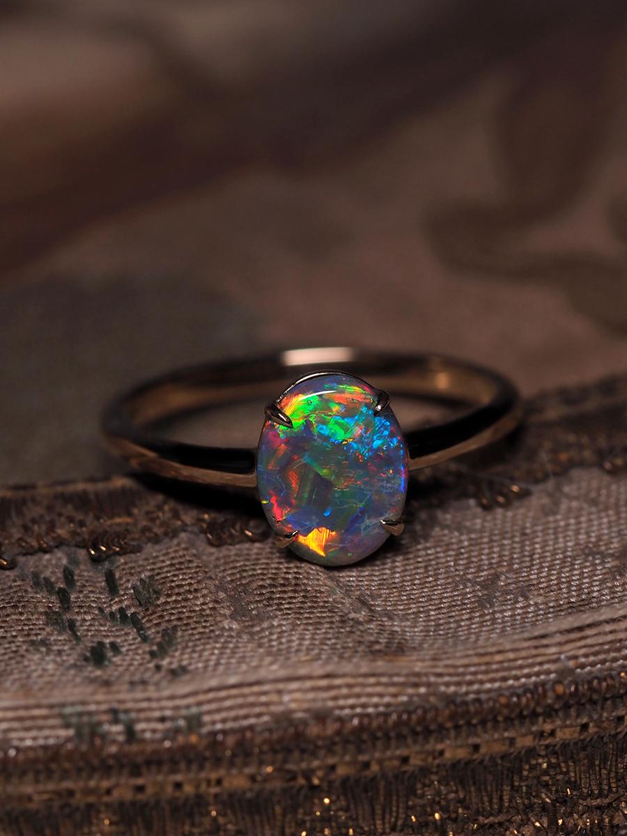 Black Opal Ring Gold Engagement Modern Australian Black Opal Art Deco Style 5