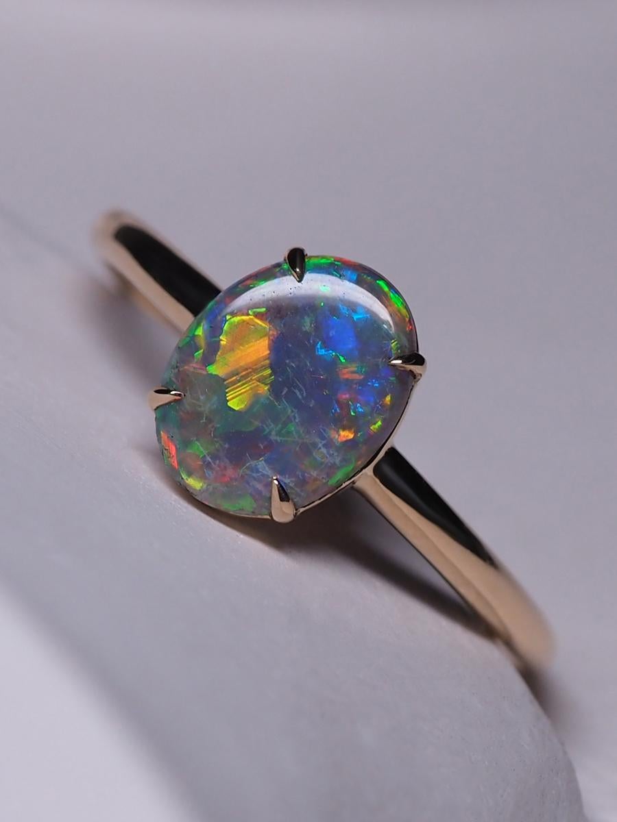 Cabochon Black Opal Ring Gold Engagement Modern Australian Black Opal Art Deco Style