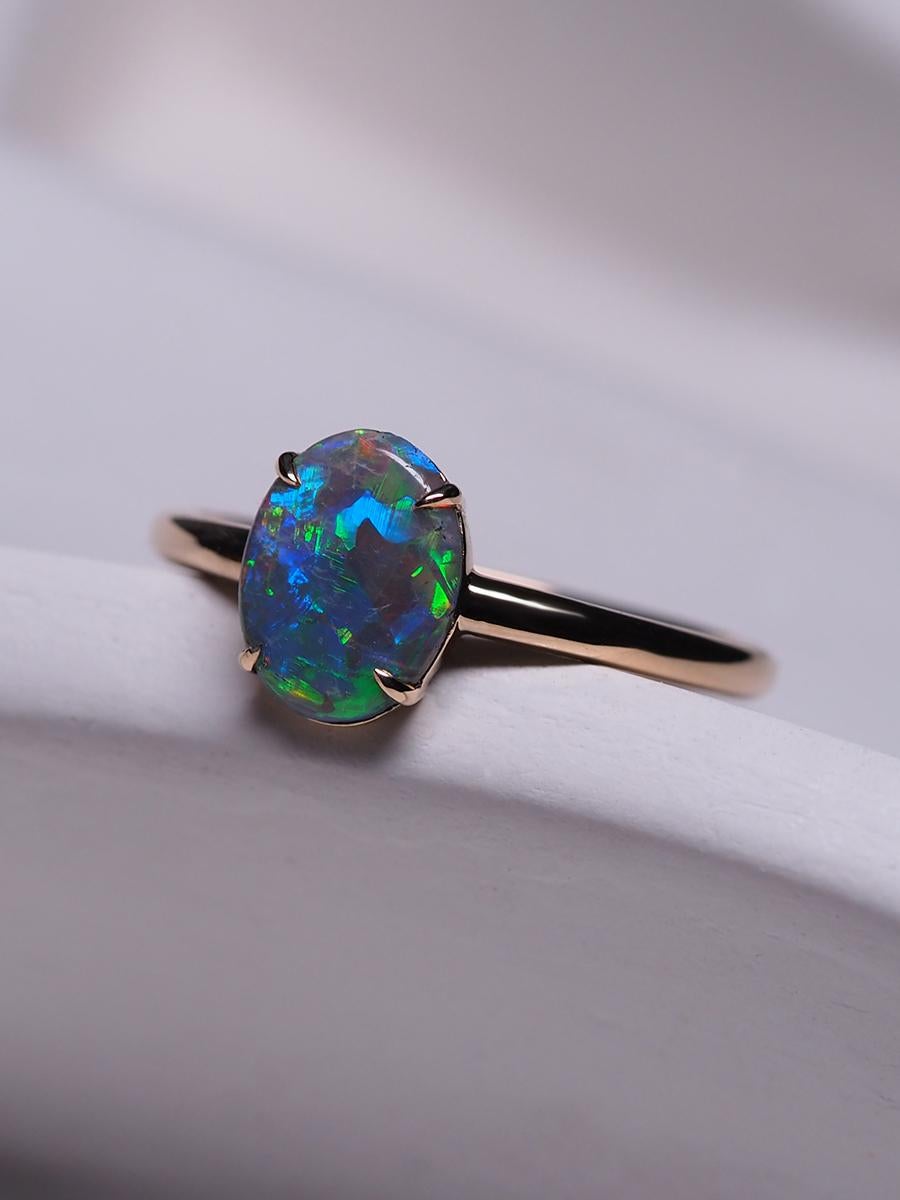 Women's or Men's Black Opal Ring Gold Engagement Modern Australian Black Opal Art Deco Style