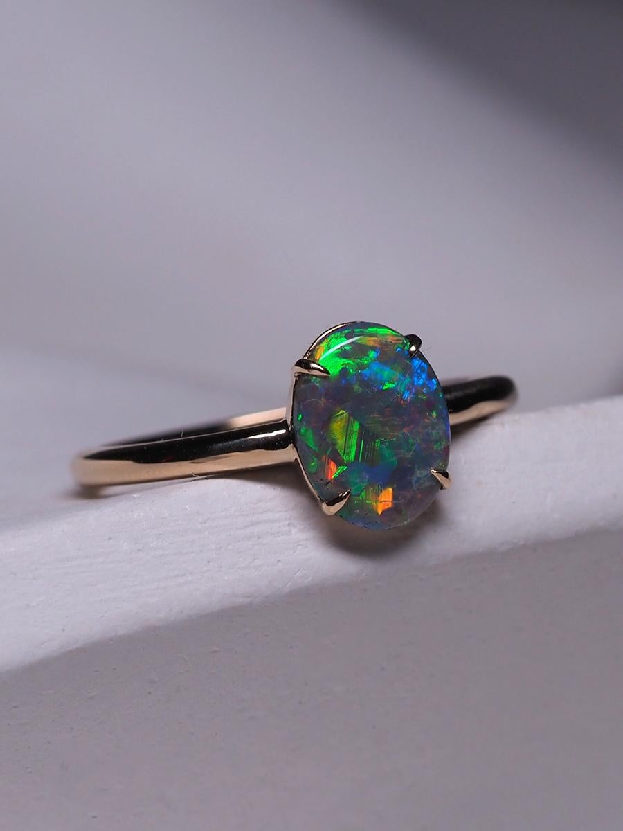 Black Opal Ring Gold Engagement Modern Australian Black Opal Art Deco Style 1