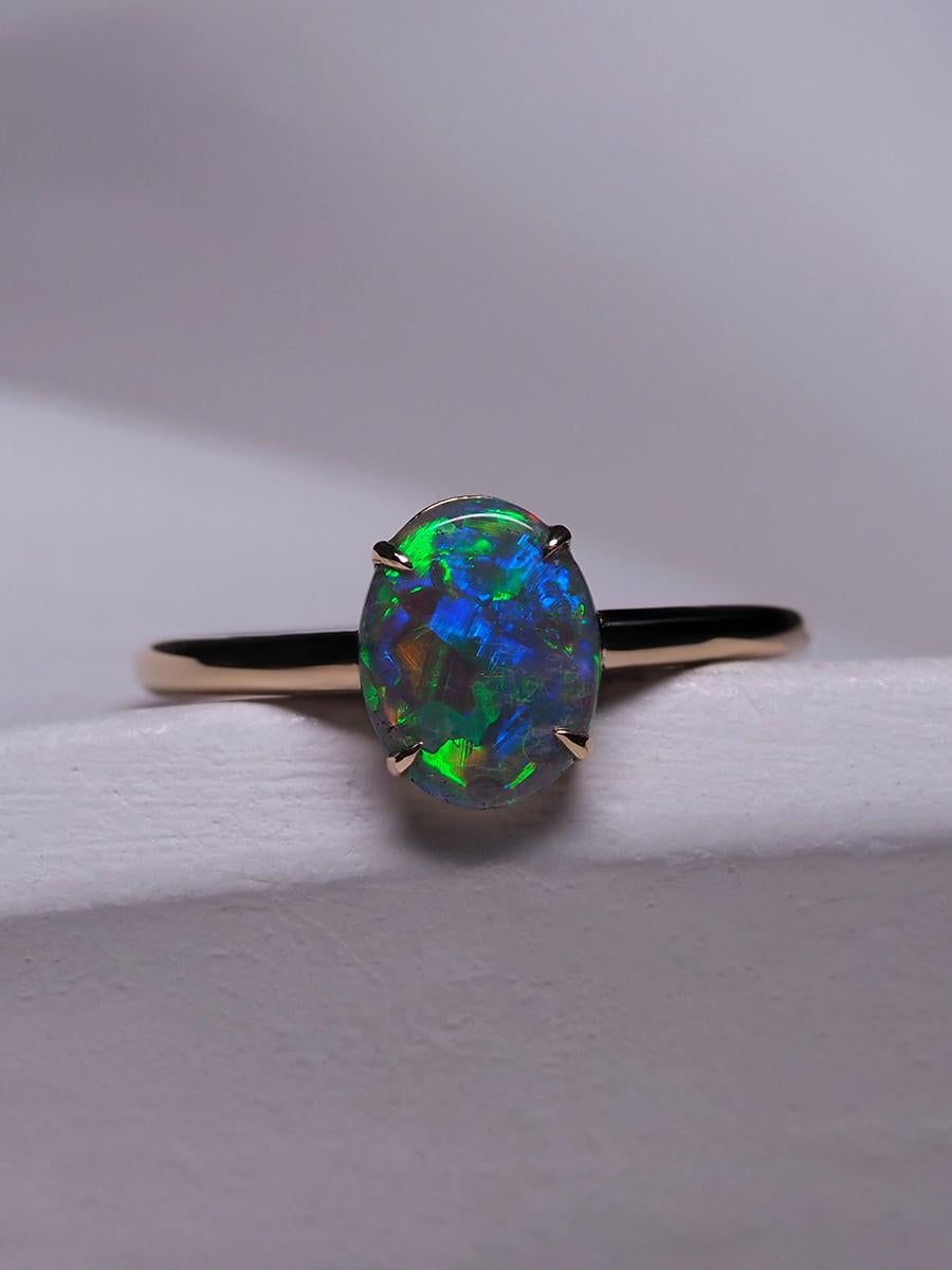 Black Opal Ring Gold Engagement Modern Australian Black Opal Art Deco Style 2