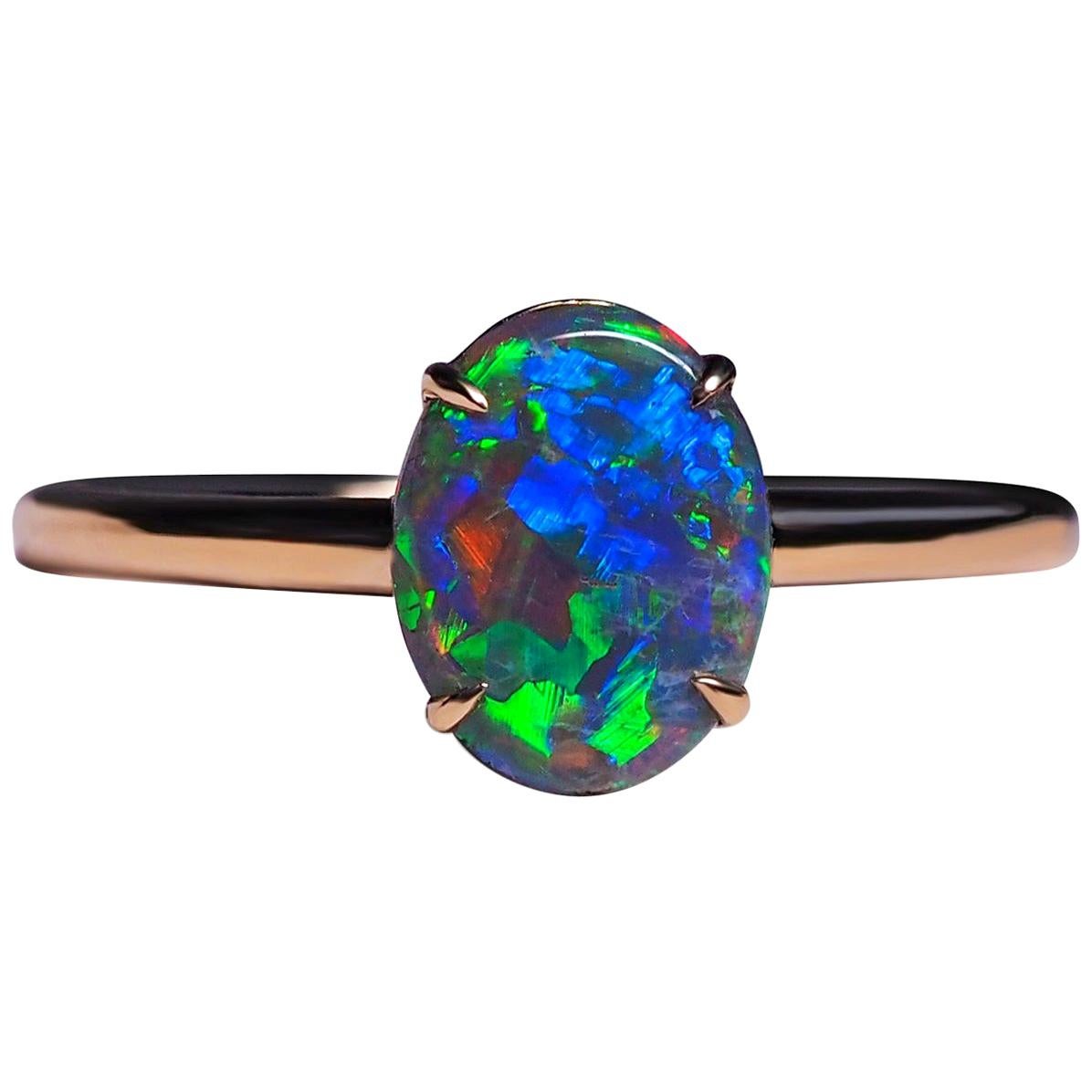 Black Opal Ring Gold Engagement Modern Australian Black Opal Art Deco Style