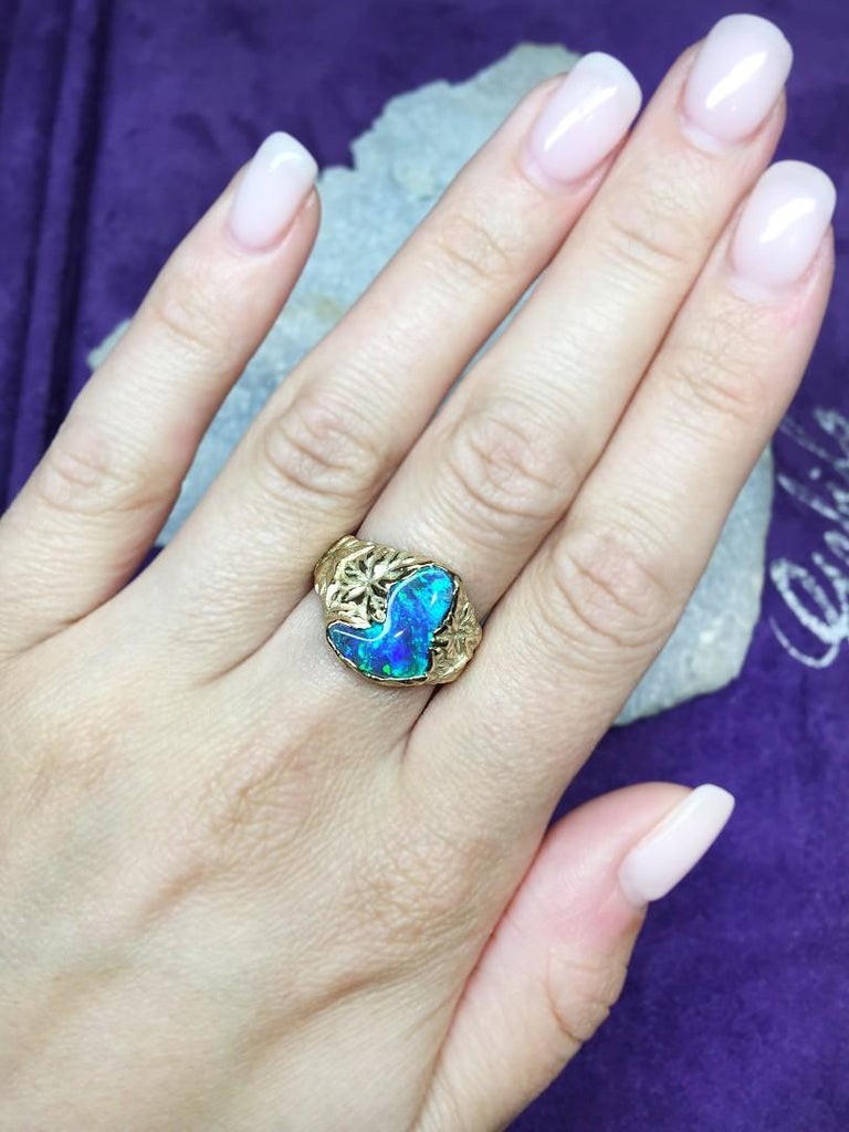 Black Opal Ring Gold Nature inspired Jewelry Australian Opal Ivy For Sale 6
