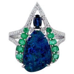Black Opal Ring Sapphire Emeralds Diamonds 3.84 Carats 18K White Gold
