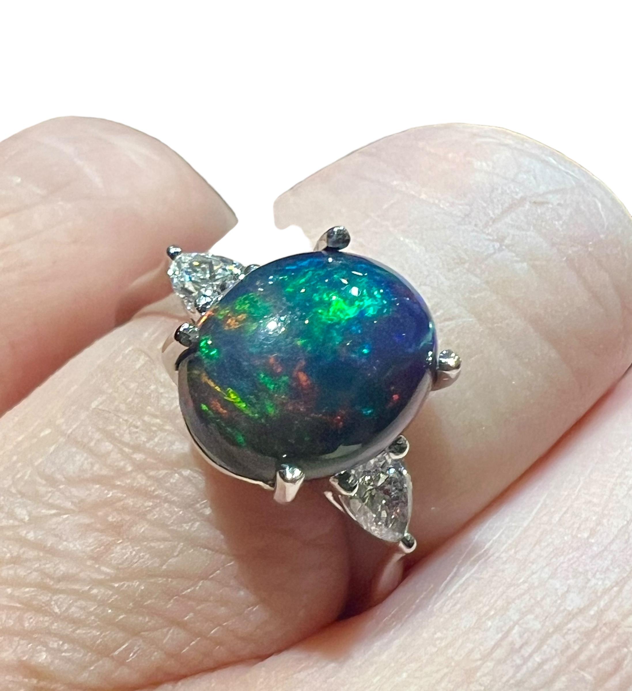 Black Opal ring surrounded by 2 pears 18 carat white gold diamond For Sale 1
