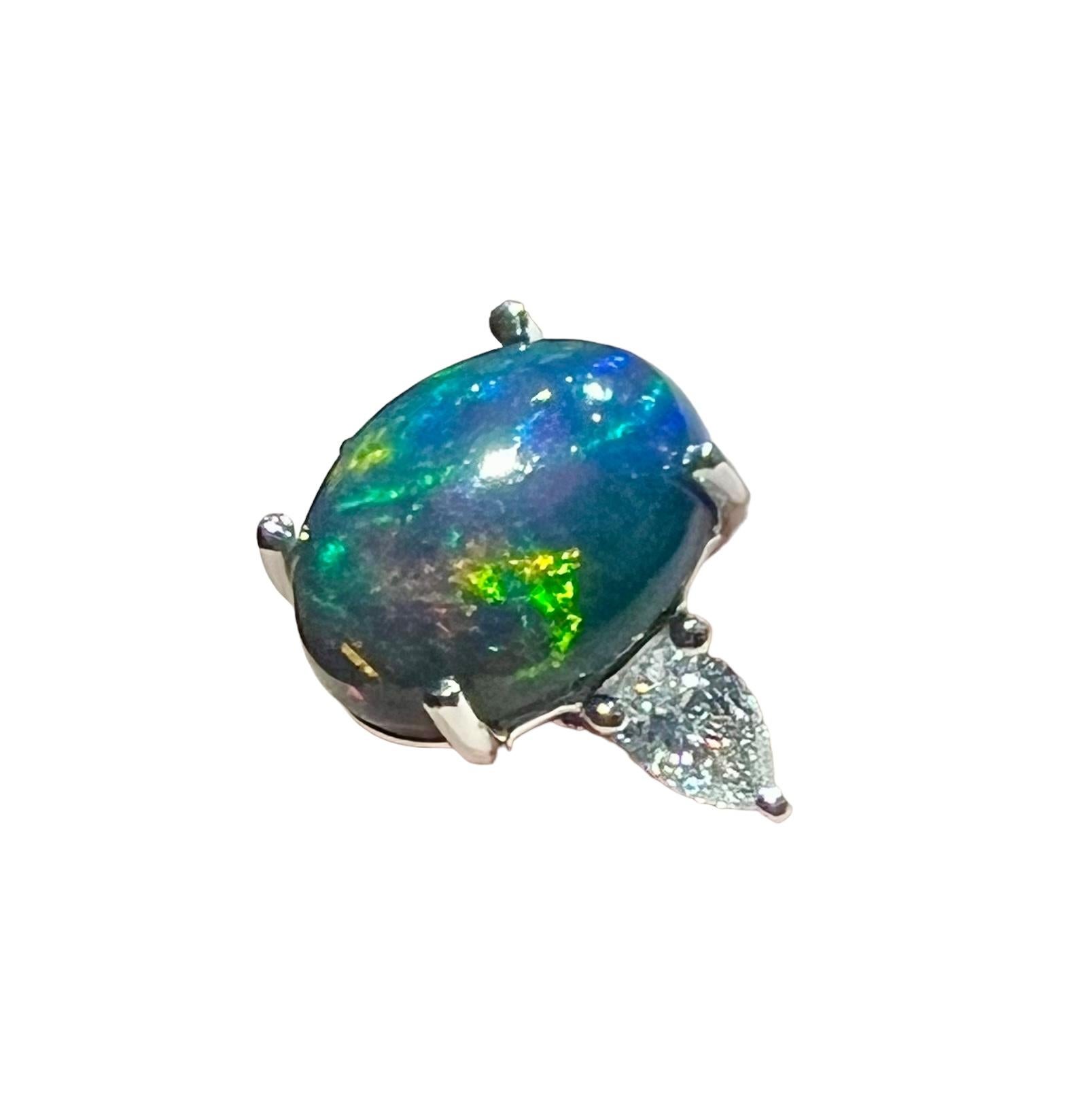Black Opal ring surrounded by 2 pears 18 carat white gold diamond For Sale 2