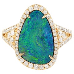 Black Opal Ring With Diamonds 4.22 Carats 18K Yellow Gold