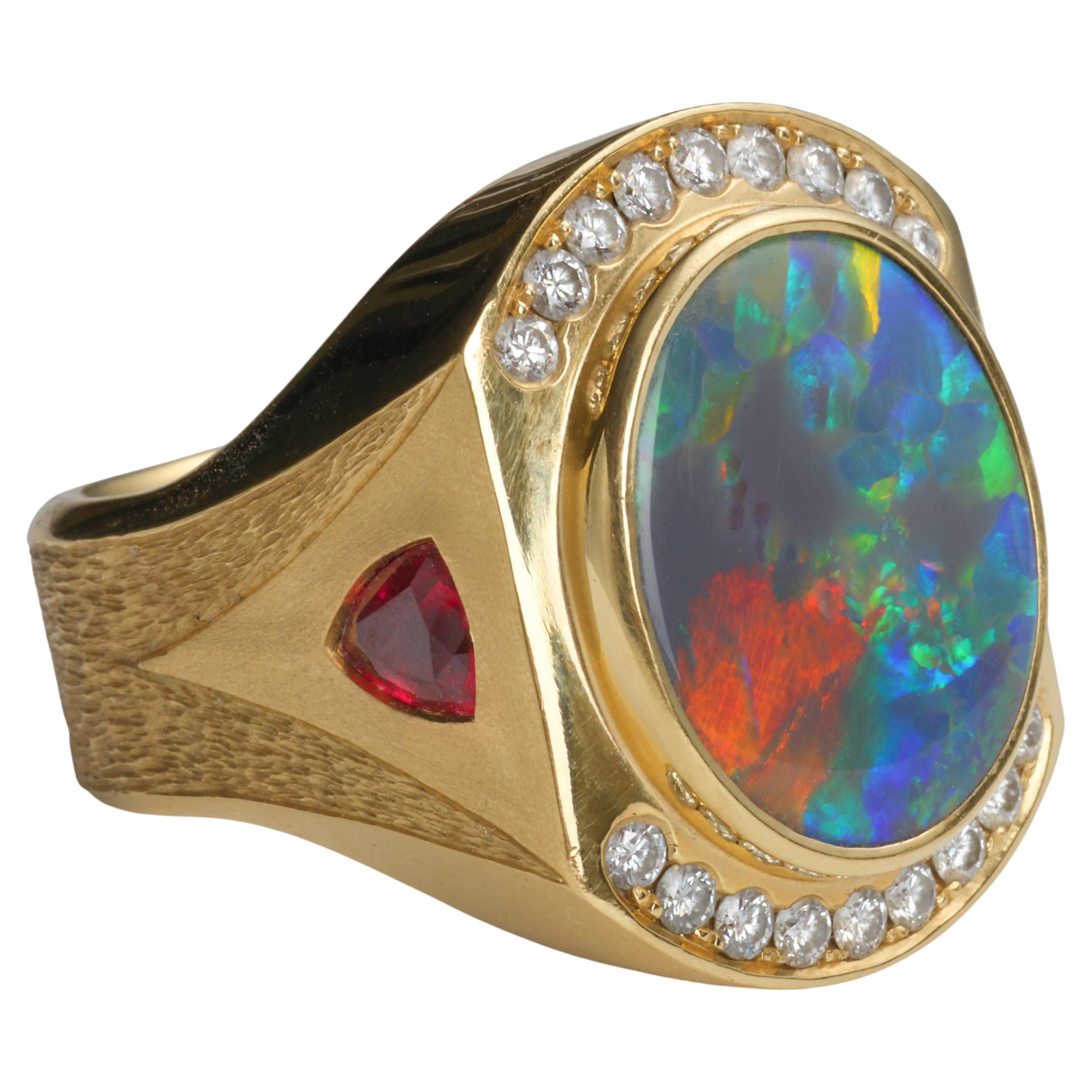 Black Opal Ring with Ruby-Red Spinels & Diamonds 37 Grams Certified No-Heat