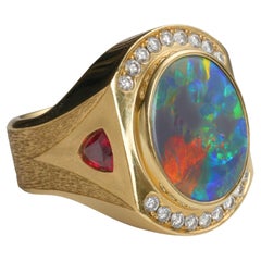 Black Opal Ring with Ruby-Red Spinels & Diamonds 37 Grams Certified No-Heat