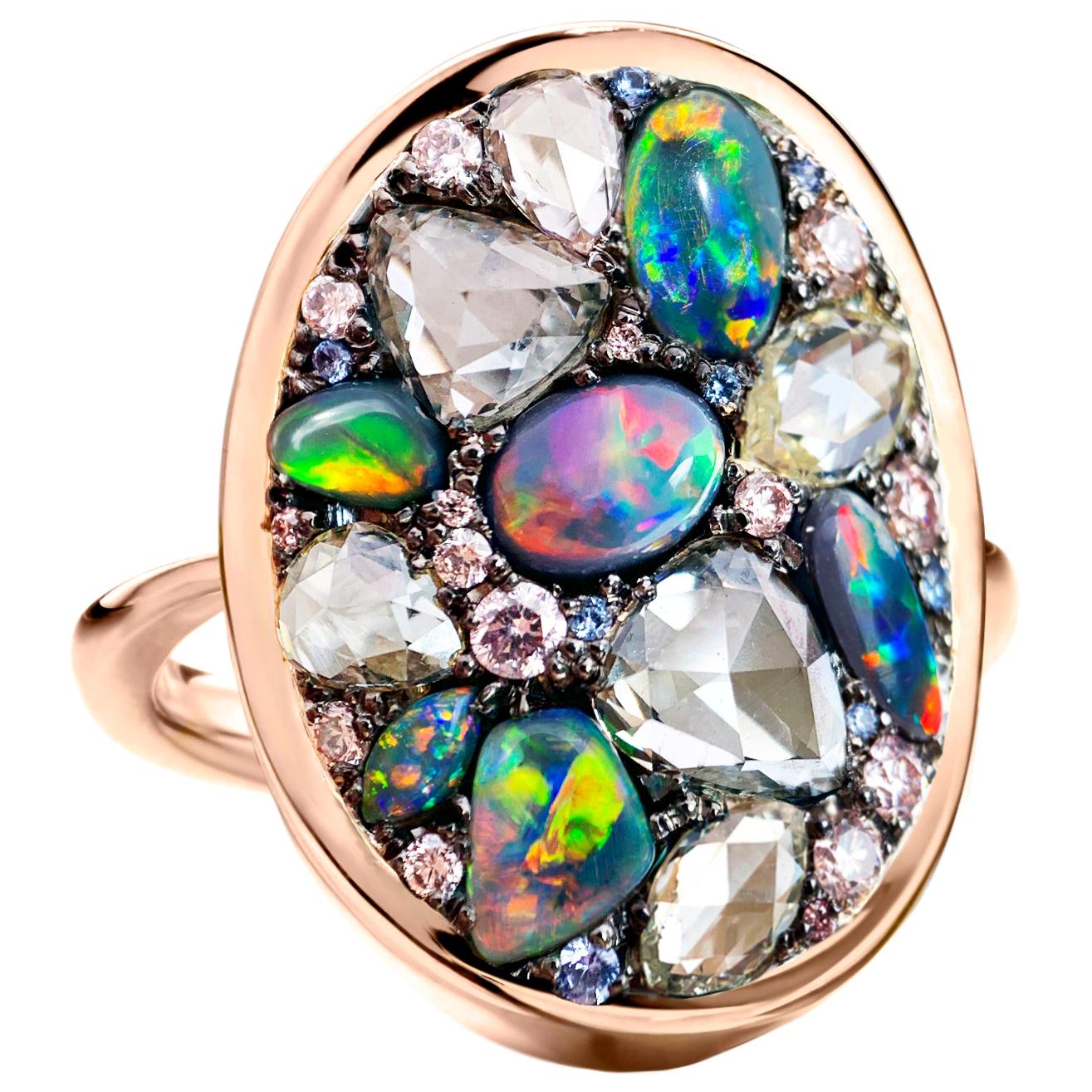 Black Opal, Rose-Cut and Fancy Pink Diamond, Unheated Blue Sapphire Pave Ring