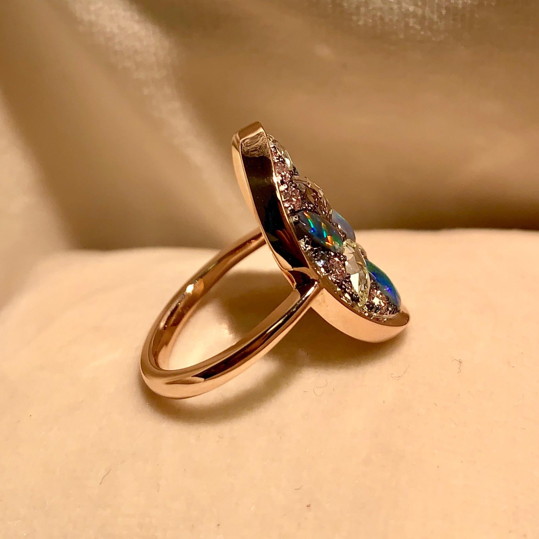 Black Opal, Rose-Cut and Fancy Pink Diamond, Unheated Blue Sapphire Pave Ring 4