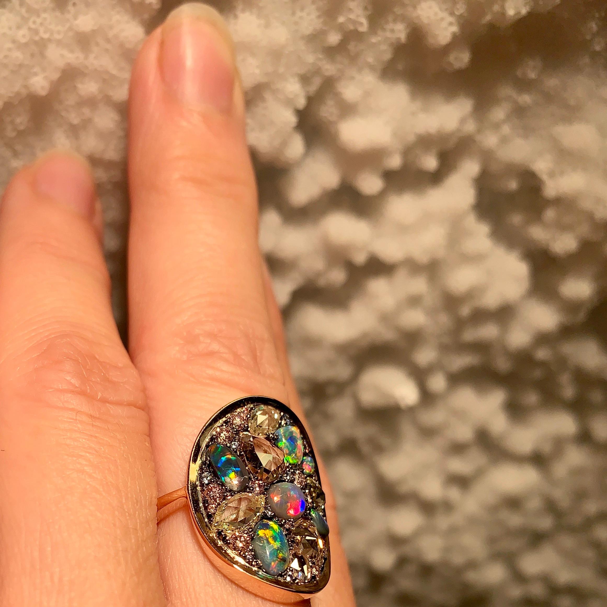 Black Opal, Rose-Cut and Fancy Pink Diamond, Unheated Blue Sapphire Pave Ring 6