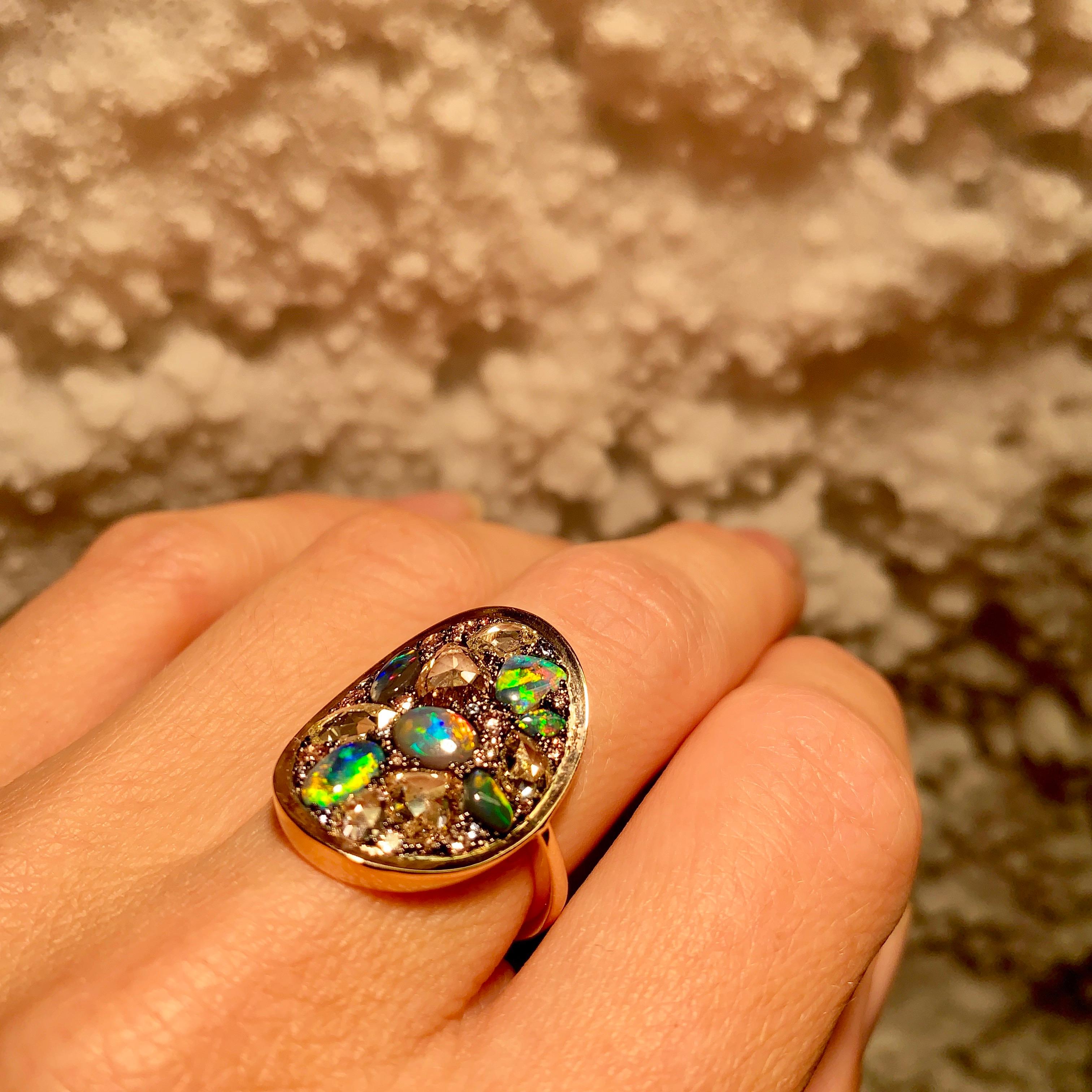 Black Opal, Rose-Cut and Fancy Pink Diamond, Unheated Blue Sapphire Pave Ring 9